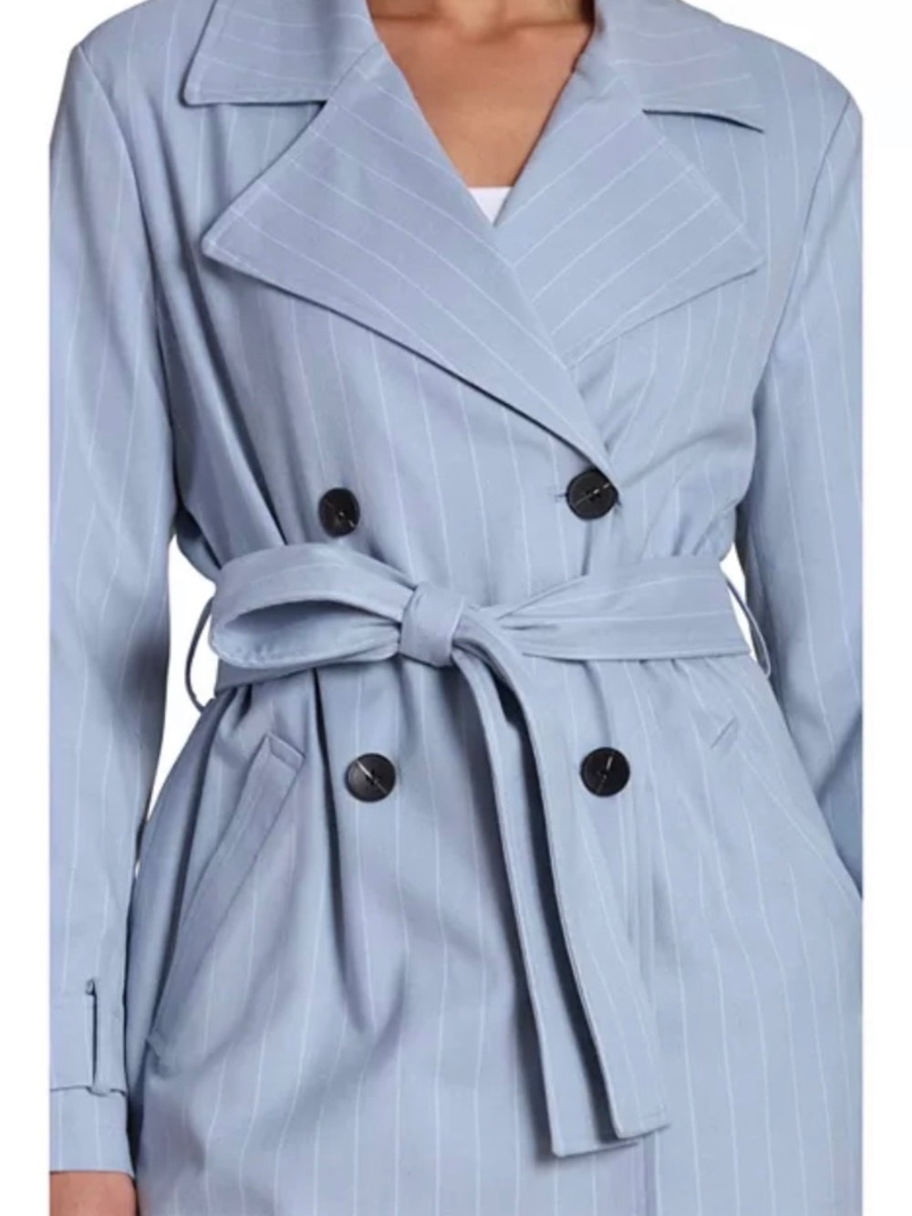 NWT Bagatelle Blue Pinstripe Belted Trench Blazer Coat Double Breasted M